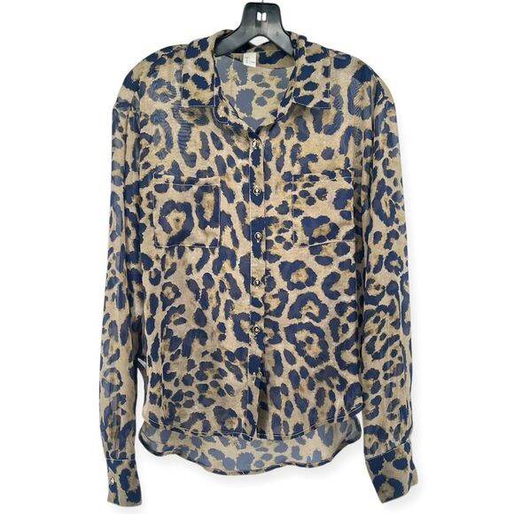 Leopard Print Sheer Button Front Blouse Tan Gold Navy Women’s Large Unbranded - Picture 2 of 12